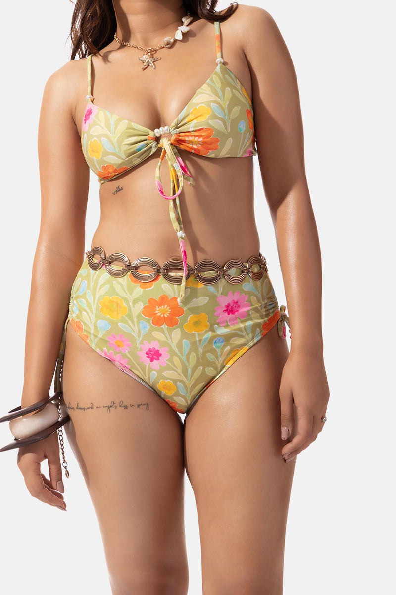 Green Floral Print High Waist Bikini Bottom