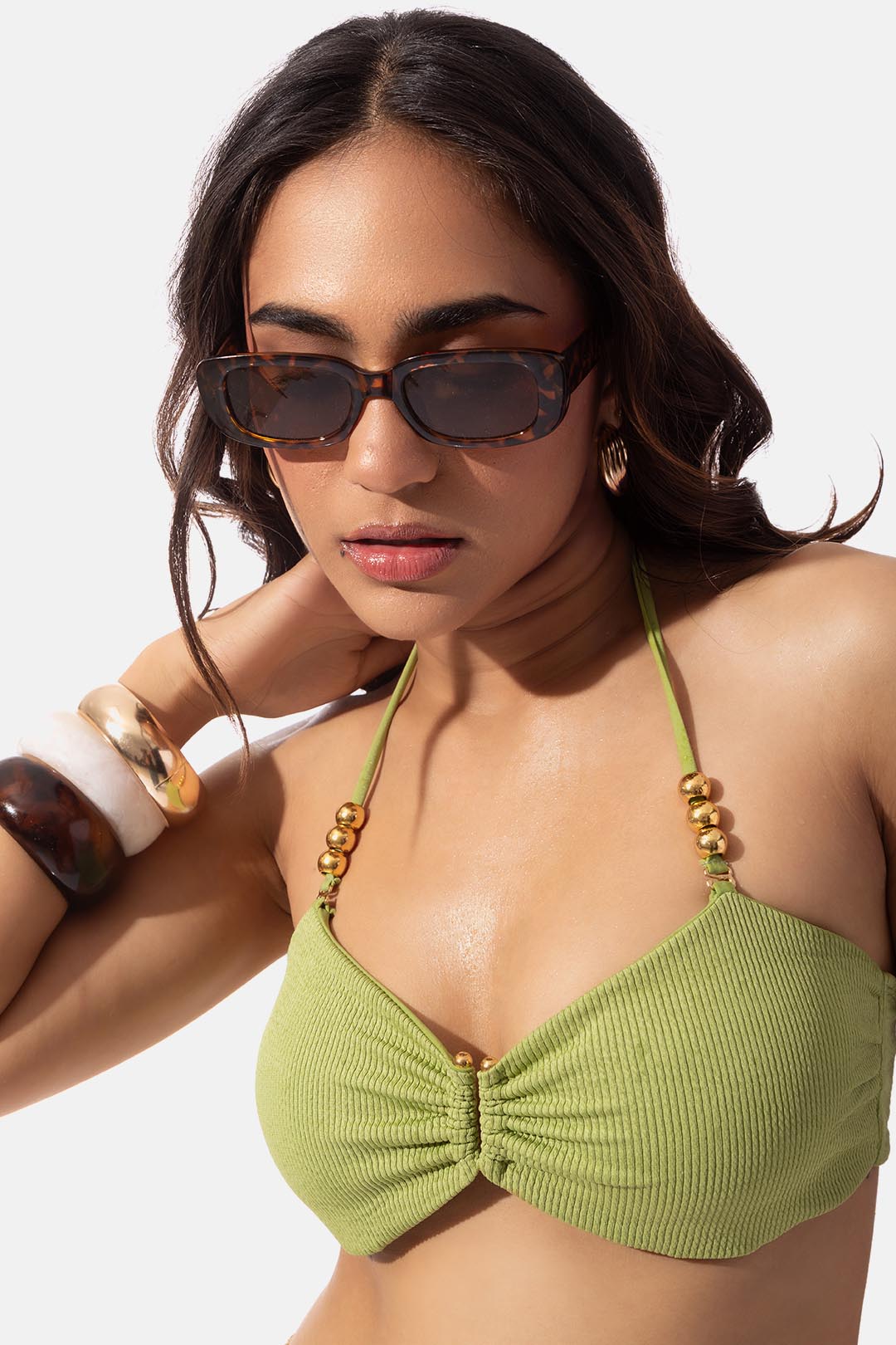 Green Textured Bandeau Bikini Top