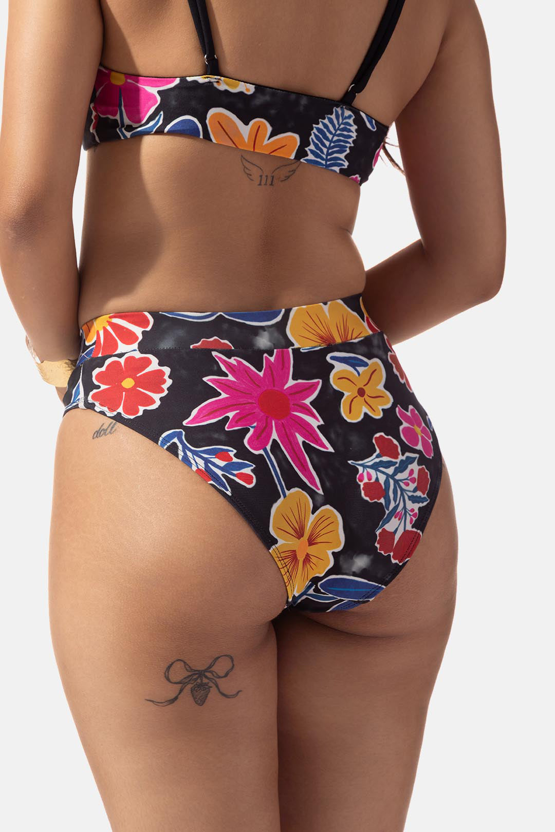 Black Floral Print High Waist Bikini Bottom