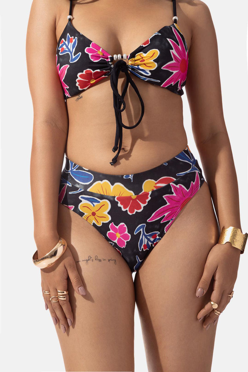 Black Floral Print High Waist Bikini Bottom