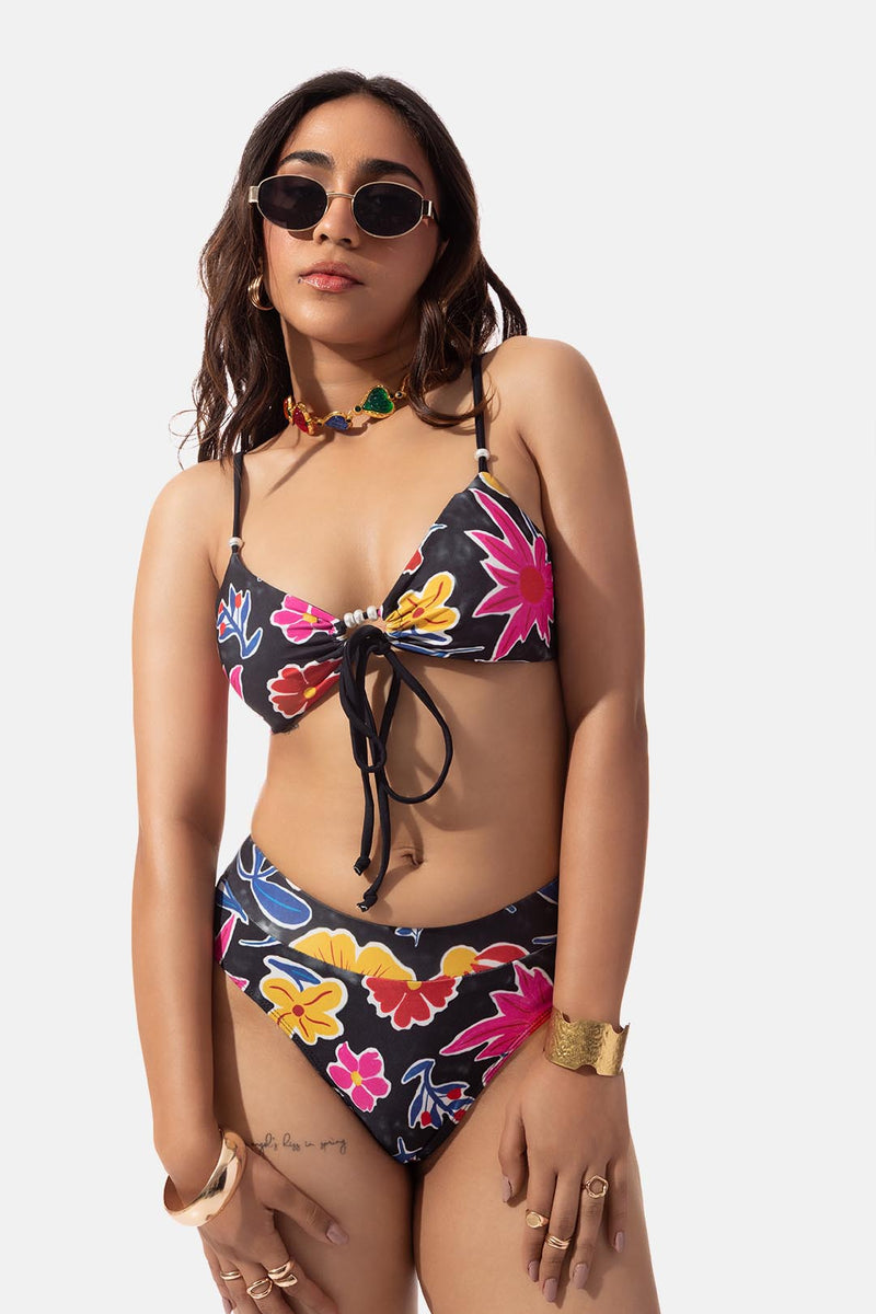 Black Floral Print Front Tie Bikini Top