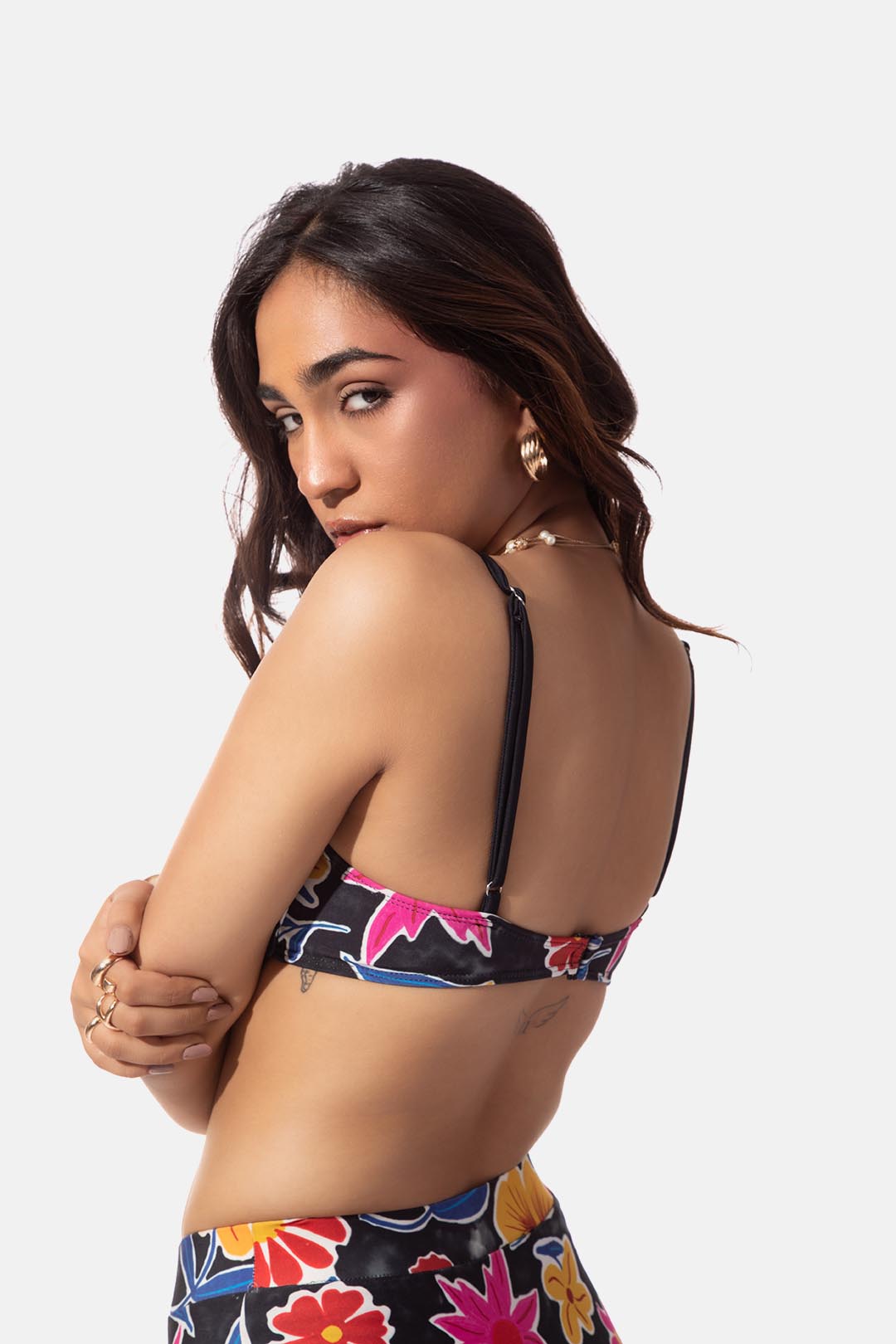 Black Floral Print Underwire Bikini Top