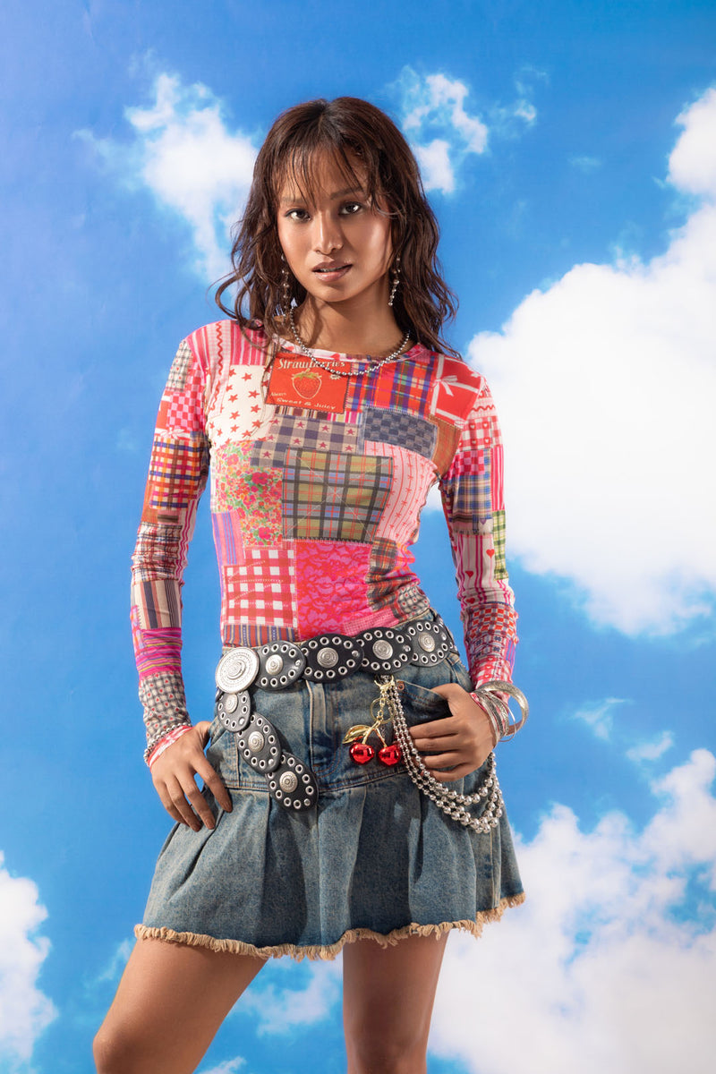 Patchwork Print Mesh Top