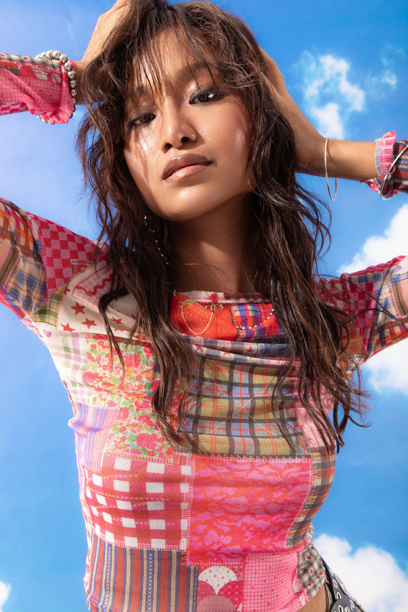 Patchwork Print Mesh Top