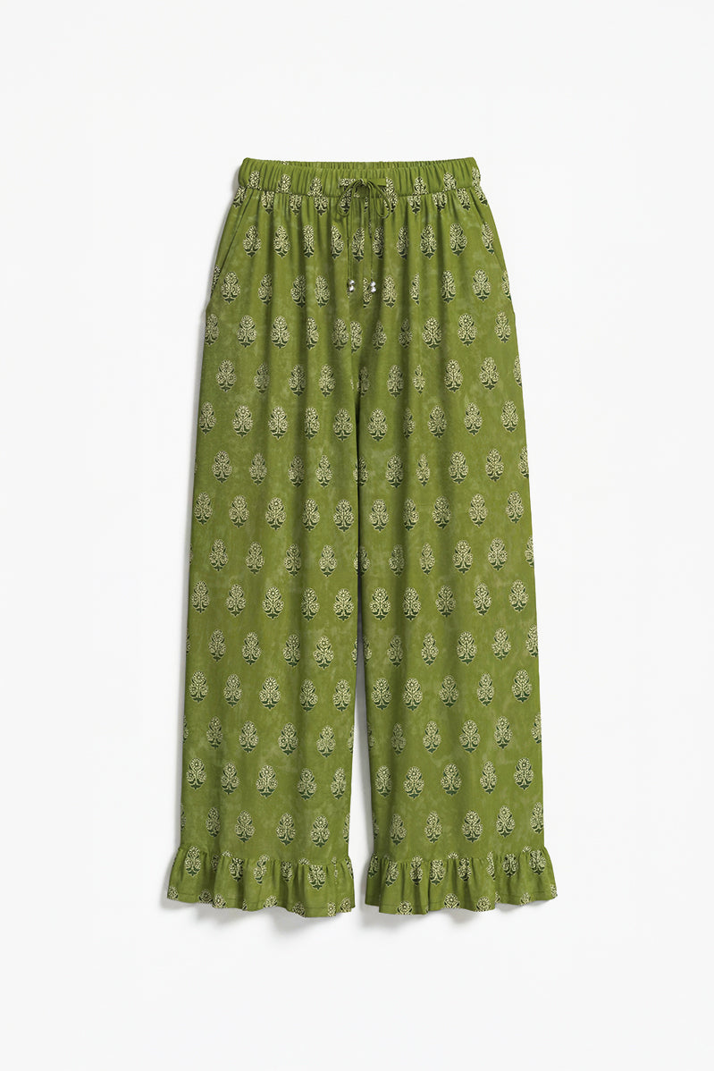 Indie Green Floral Ruffle Trouser