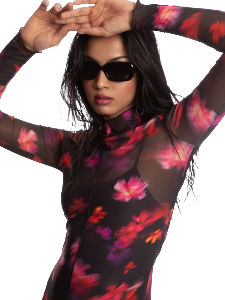 Digital Floral Print Black Mesh Maxi Dress