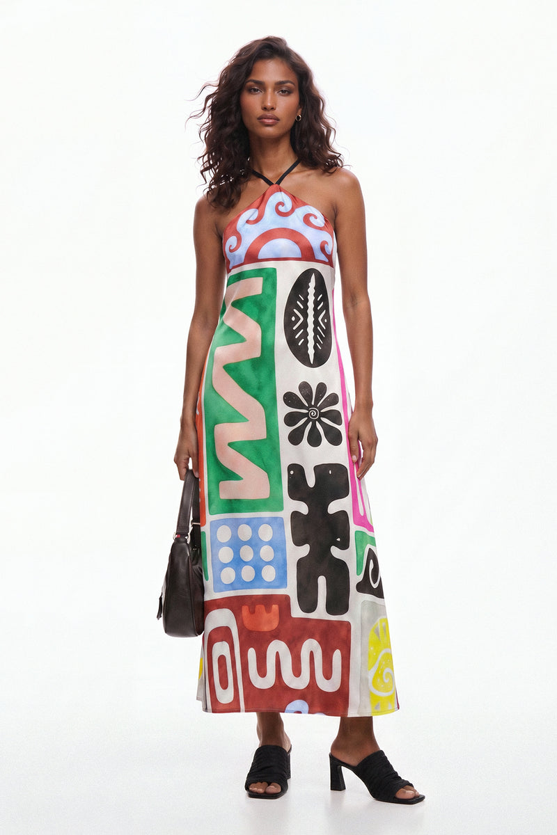 Printed Halter Neck Satin Maxi Dress