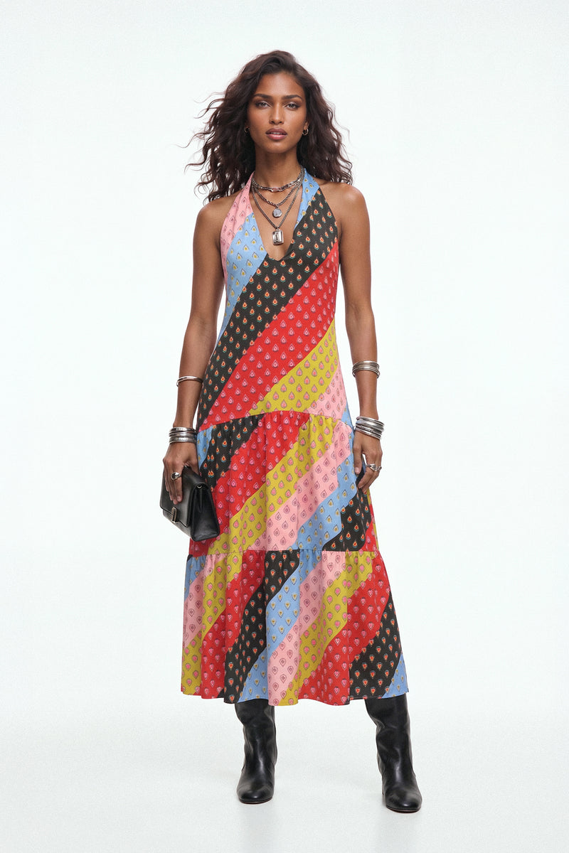 Multi-Color Paisley Print Halter Dress