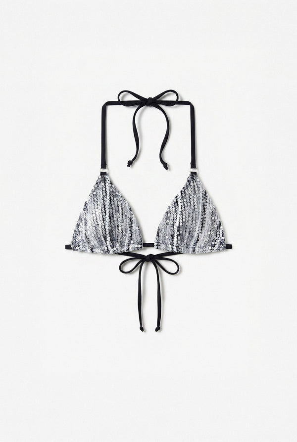 Silver Sequin Triangle Bikini Top