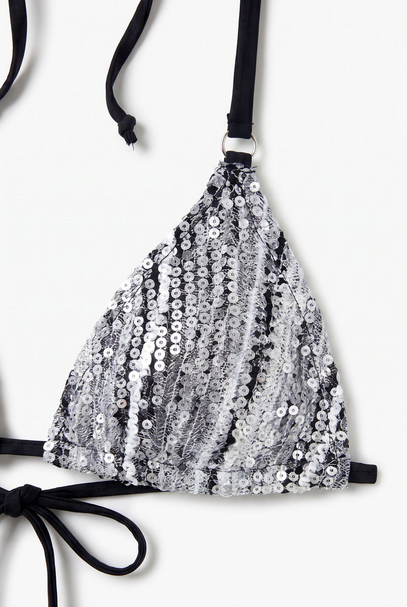 Silver Sequin Triangle Bikini Top