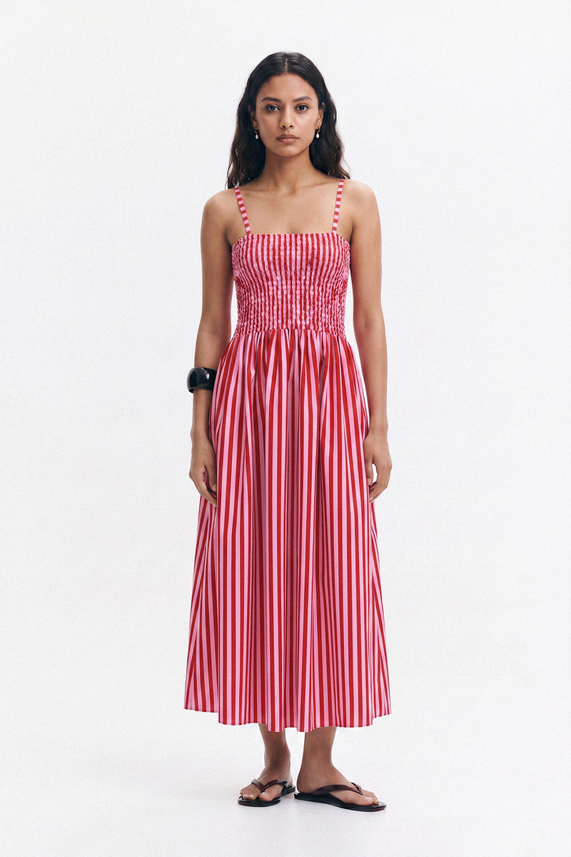 Strawberry Stripe Cotton Smocked Midi Dress