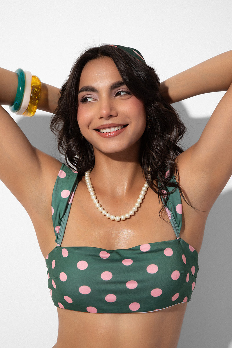 Forest Peach Polka Ruffle Bikini Top