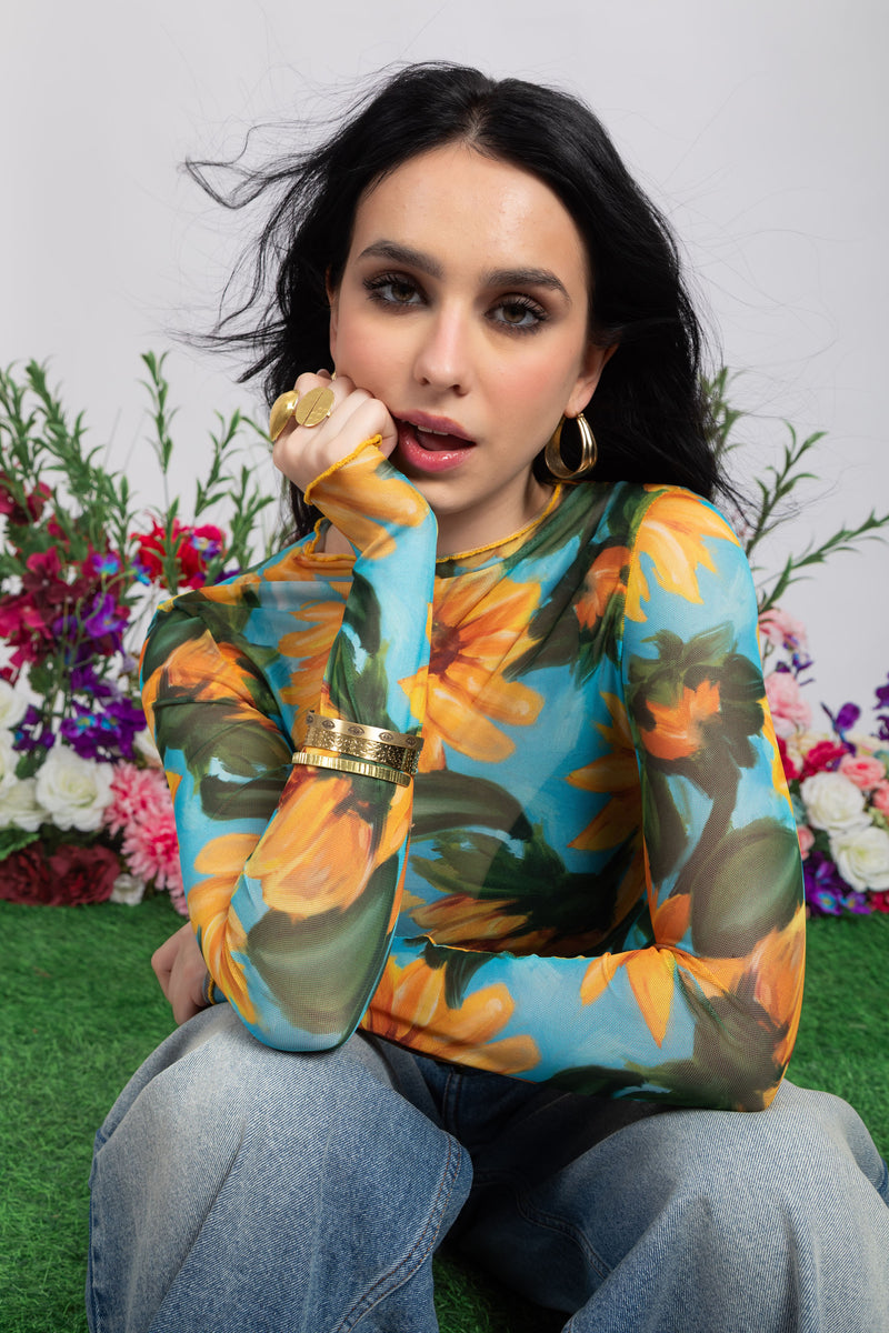 Sunflower Print Mesh Top