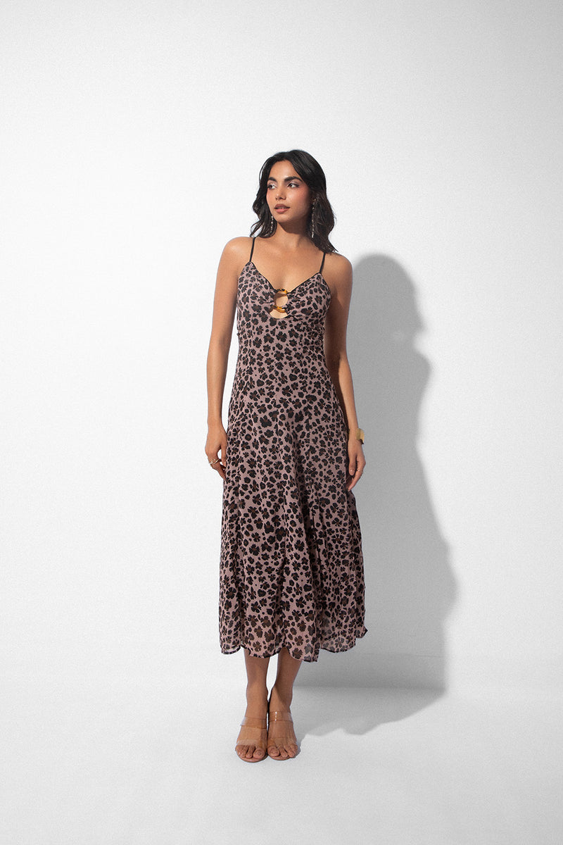 Leopard Print Ring Detail Midi Dress