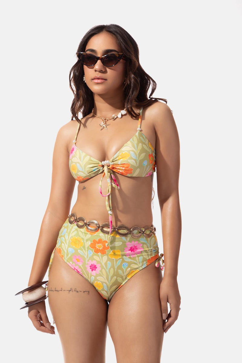 Green Floral Print High Waist Bikini Bottom