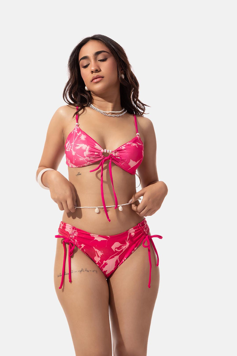 Pink Floral Print Front Tie Bikini Top