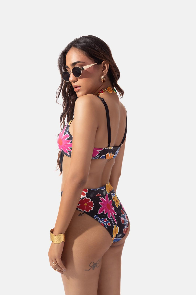 Black Floral Print Front Tie Bikini Top