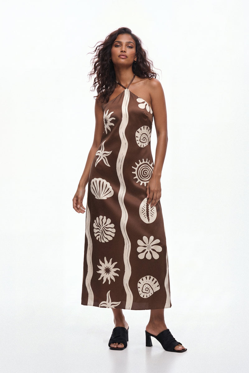 Seashell Print Brown Halter Maxi Dress