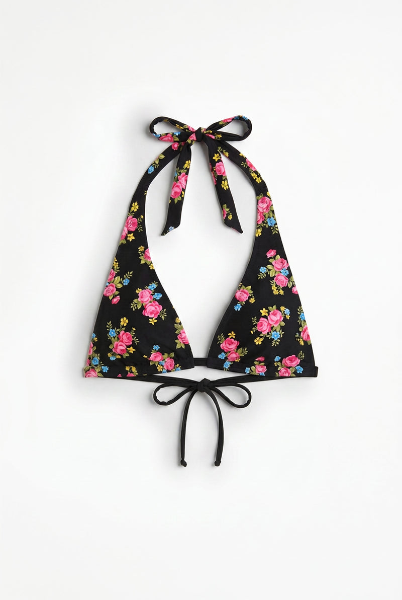 Victorian Rose Black Halter Bikini Top
