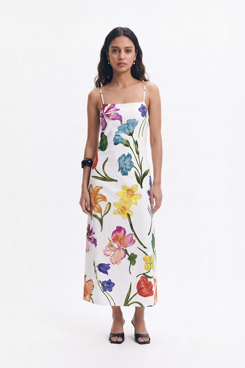 White Floral Print Midi Dress
