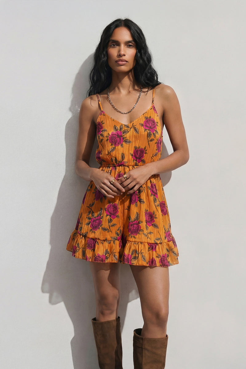 Yellow Rose Print Mini Dress