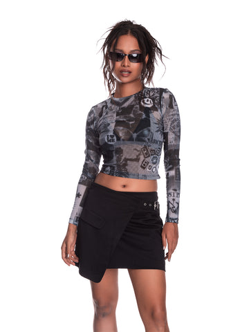 Y2K Graphic Print Mesh Top