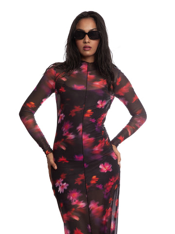 Digital Floral Print Black Mesh Maxi Dress