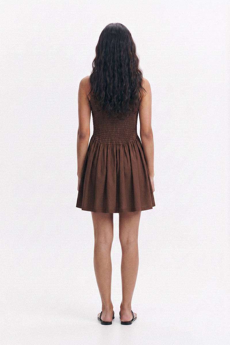 Brown Cotton Smocked Mini Dress