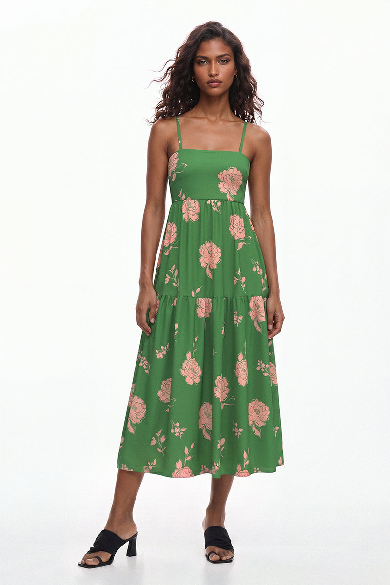 Green Floral Printed Long Dress