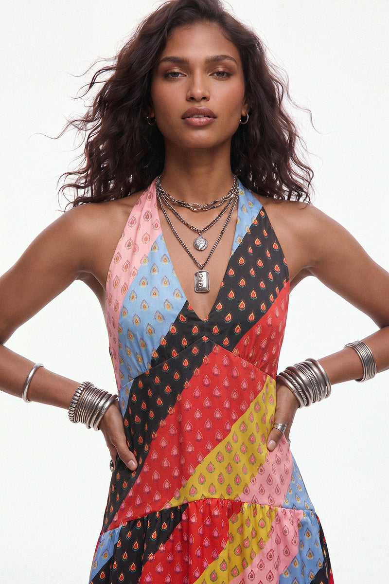 Multi-Color Paisley Print Halter Dress