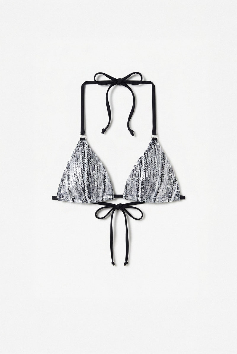 Silver Sequin Triangle Bikini Top