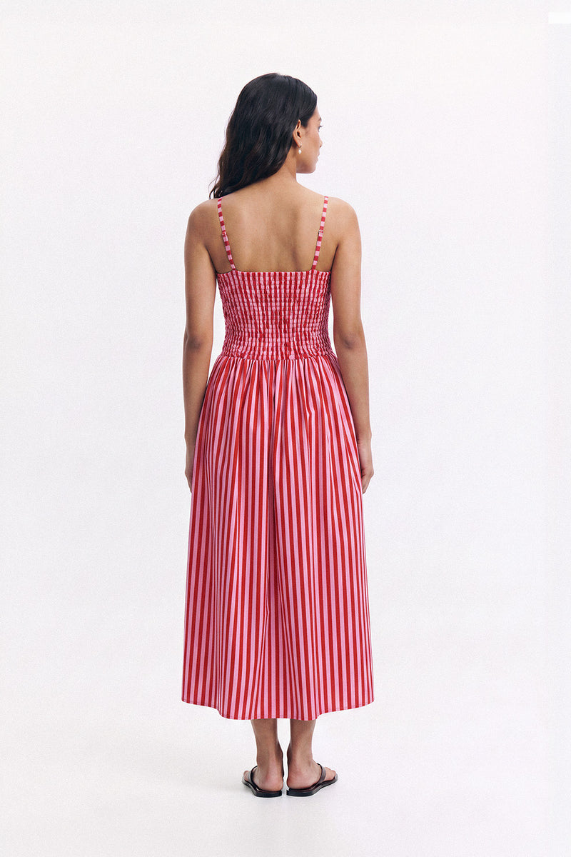 Strawberry Stripe Cotton Smocked Midi Dress