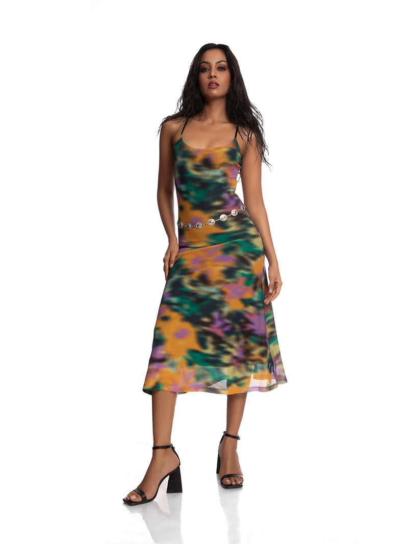 Yellow Blurry Floral Print Mesh Dress
